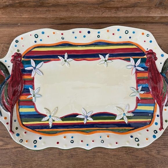 MWW Market Cindy Shamp Rooster Floral Colorful Stripe Ceramic Platter Serving - Picture 1 of 9